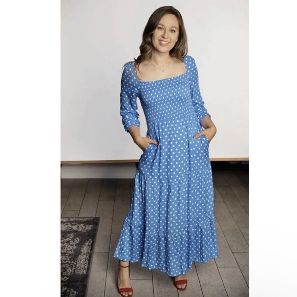 Anthropologie Dolan Laney Smocked Polka Dot Midi Casual Dress Blue size 2X - Picture 5 of 14